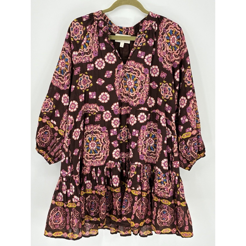Cleobella Eliva Womens S Brown Pink Floral Organic Cotton Tiered Mini Dress